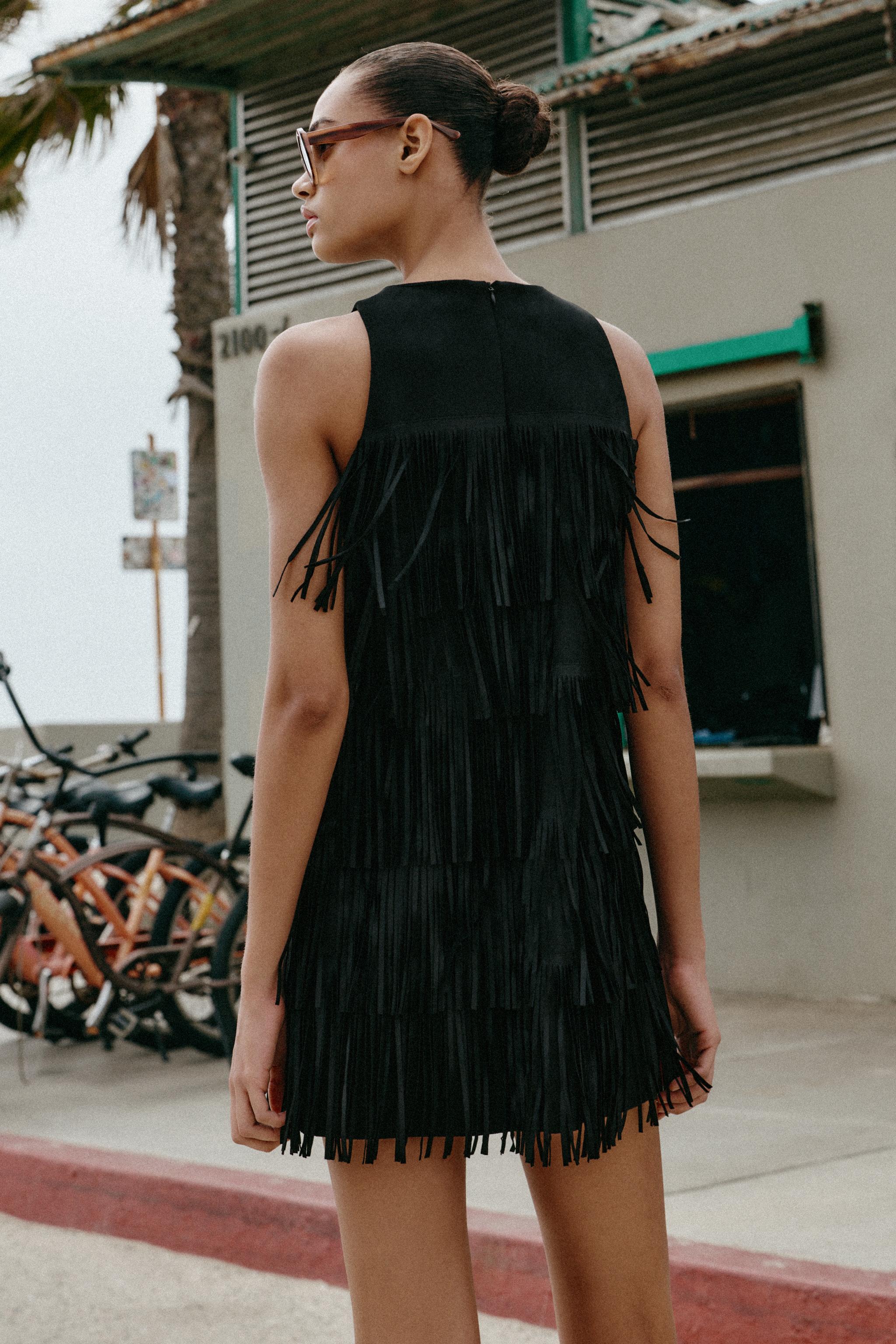 STUDDED FRINGED FAUX SUEDE DRESS